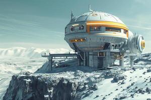 A futuristic building on top of a mountain photo