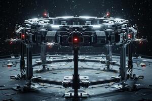 A futuristic space station with lights and red lights photo