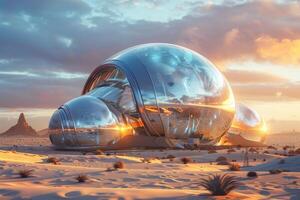 A futuristic house in the desert with a large sphere photo