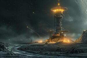 An alien tower on the moon with a moon in the background photo