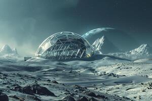 An alien house on the moon with mountains in the background photo