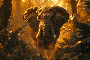 An elephant walking through a jungle at sunset photo