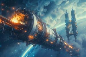 An alien spaceship in space with a planet in the background photo