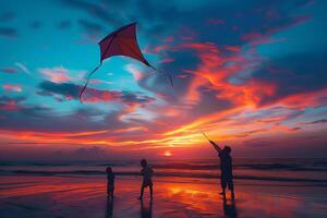 A man and two children fly a kite on the beach photo