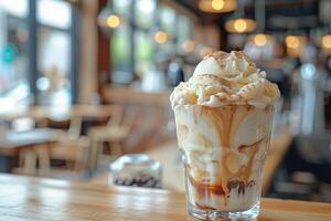 An iced coffee with whipped cream and caramel photo