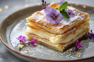 A piece of pastry with cream and flowers on top photo