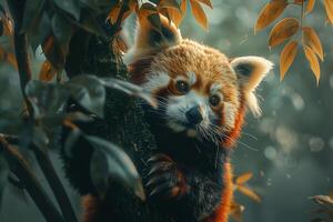 A red panda is sitting in a tree photo