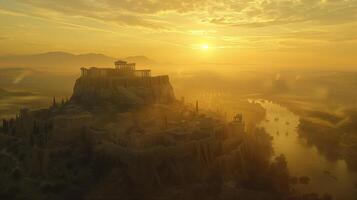 The sun is setting over a castle in the distance photo