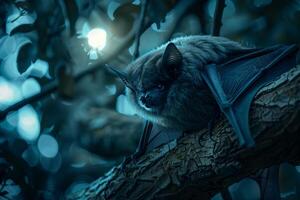 A bat is sitting on a branch in the dark photo