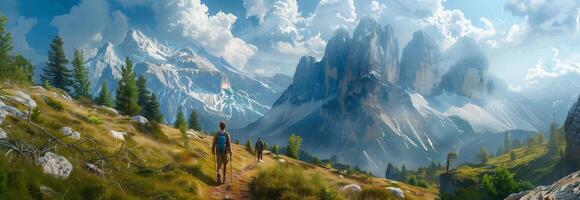 A man is walking along a trail in the mountains photo