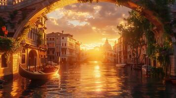 A gondola is sailing through a canal at sunset photo