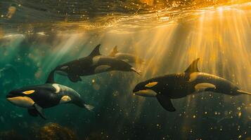 Three killer whales swimming in the ocean photo