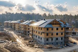A group of houses under construction in the woods photo