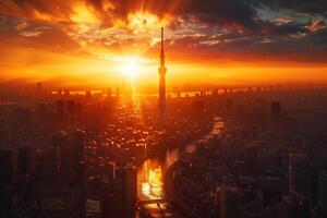 The sun rises over a city skyline with a tall tower in the background photo