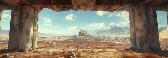 A scene from the game, with a view of the desert photo