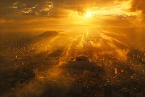 The sun is setting over a city with a large building in the background photo