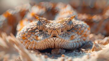 A close up of a snake's head with its eyes open photo