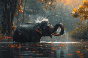 An elephant is standing in the water with its trunk out photo