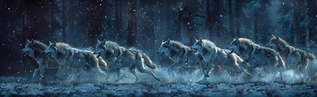 A group of horses running in the snow photo