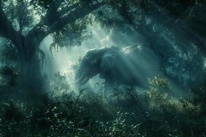 An elephant walking through a forest with trees photo