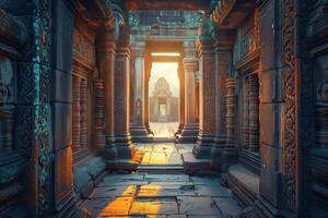 The sun is shining through the doorway of an ancient temple photo