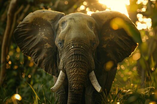 An elephant with tusks standing in a field photo