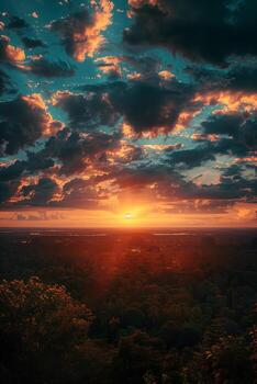 un puesta de sol terminado un bosque con nubes foto
