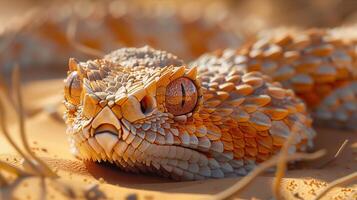 A close up of a snake with its head in the sand photo