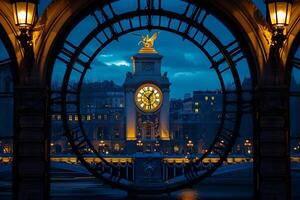 A clock tower with a gold statue on top photo