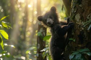 A bear cub climbing up a tree in the forest photo