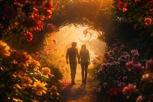 A couple walking through a garden with flowers photo