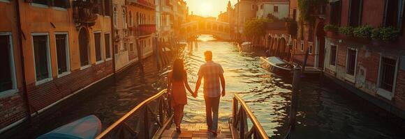A man and woman walking down a canal in venice photo