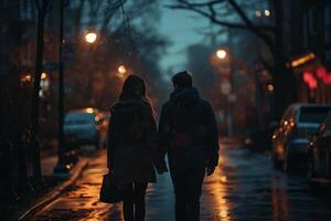 A couple walking down a street at night photo