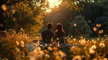 Couple sitting in a field of wildflowers at sunset photo