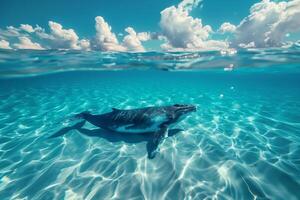 A whale swimming in the ocean with clear water photo