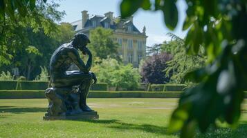 A statue of a man sitting on a bench in a park photo