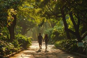 A couple walking down a path in a park photo