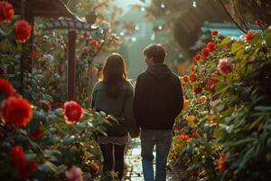 Couple walking in a garden with red flowers photo