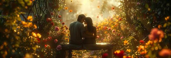 A couple is sitting on a bench in a garden with flowers photo