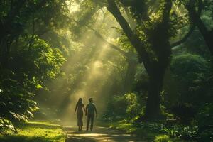 A couple walking down a path in the woods photo