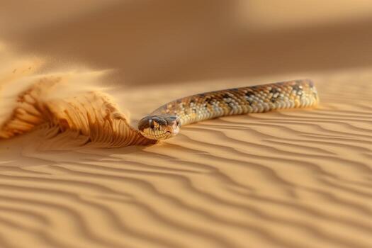 A snake is walking through the sand in the desert photo