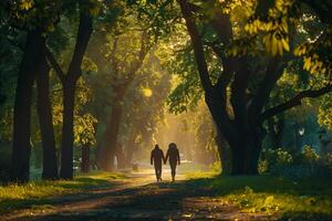 A couple walking down a path in the woods photo