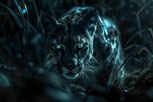 A beautiful lynx in the dark with blue eyes photo
