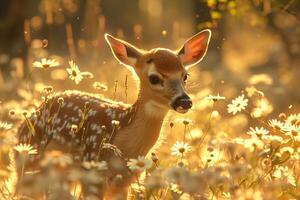 A deer in a field of flowers photo