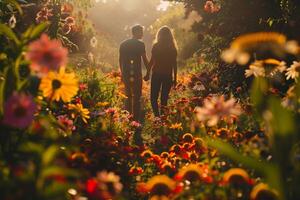 Couple walking in a field of flowers photo