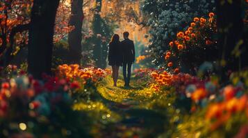 A couple walking through a field of flowers photo