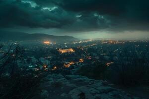 A city lit up at night with storm clouds photo