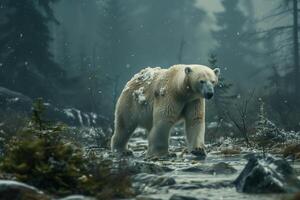 A polar bear walking through a forest in the snow photo