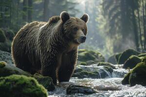 A brown bear is standing in a stream photo