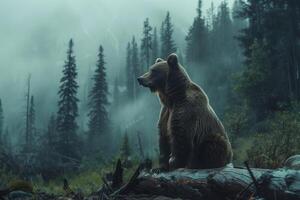 A bear sitting on a log in the middle of a forest photo